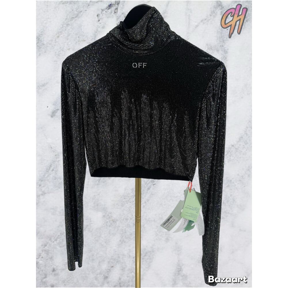 Off White Black Bling Sec Skin L/S Crop Top Size 40 (MSRP:$1265.00)